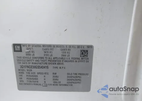 2016 Cadillac Srx Performance Collection z USA, uszkodzony, nr VIN 3GYFNCE38GS543416